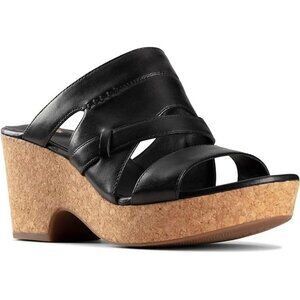 Clarks Women's 8.5 Black Leather Cork Wedge Heels Sandals Spring Summer Vacay